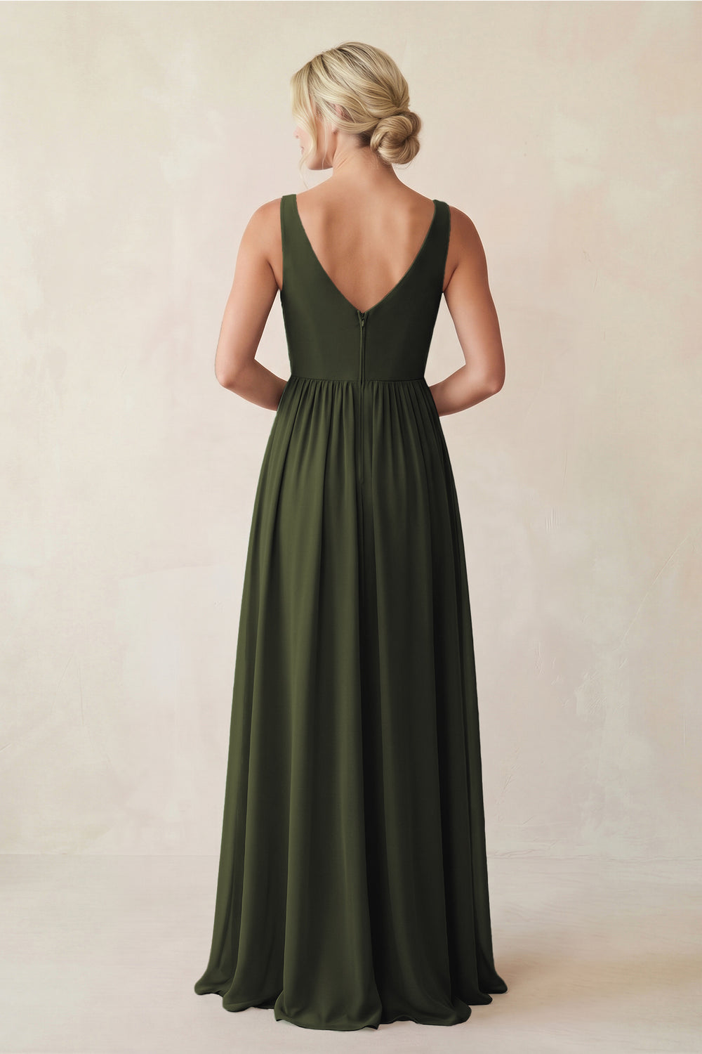 A-Line V-Neck Pleated Chiffon Bridesmaid Dress in Olive