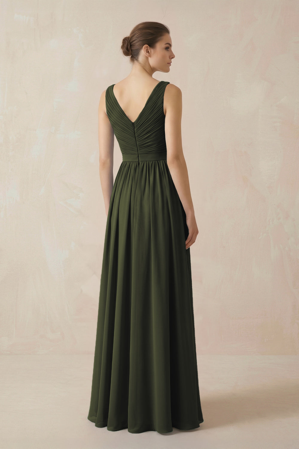 A-Line V-Neck Pleated Chiffon Bridesmaid Dress in Olive