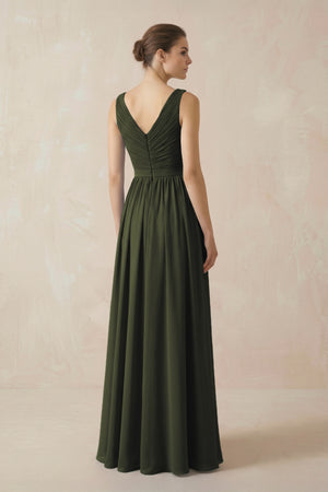 Olive A-Line V-Neck Pleated Chiffon Bridesmaid Dress (2) | KISSBRIDAL