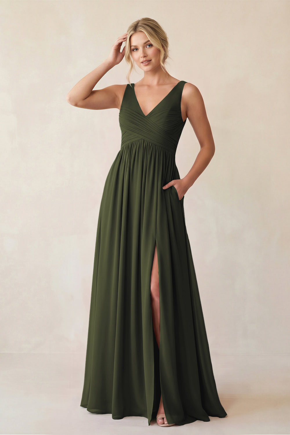 A-Line V-Neck Pleated Chiffon Bridesmaid Dress in Olive