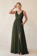 Olive A-Line V-Neck Pleated Chiffon Bridesmaid Dress | KISSBRIDAL