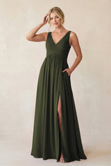 Olive A-Line V-Neck Pleated Chiffon Bridesmaid Dress | KISSBRIDAL