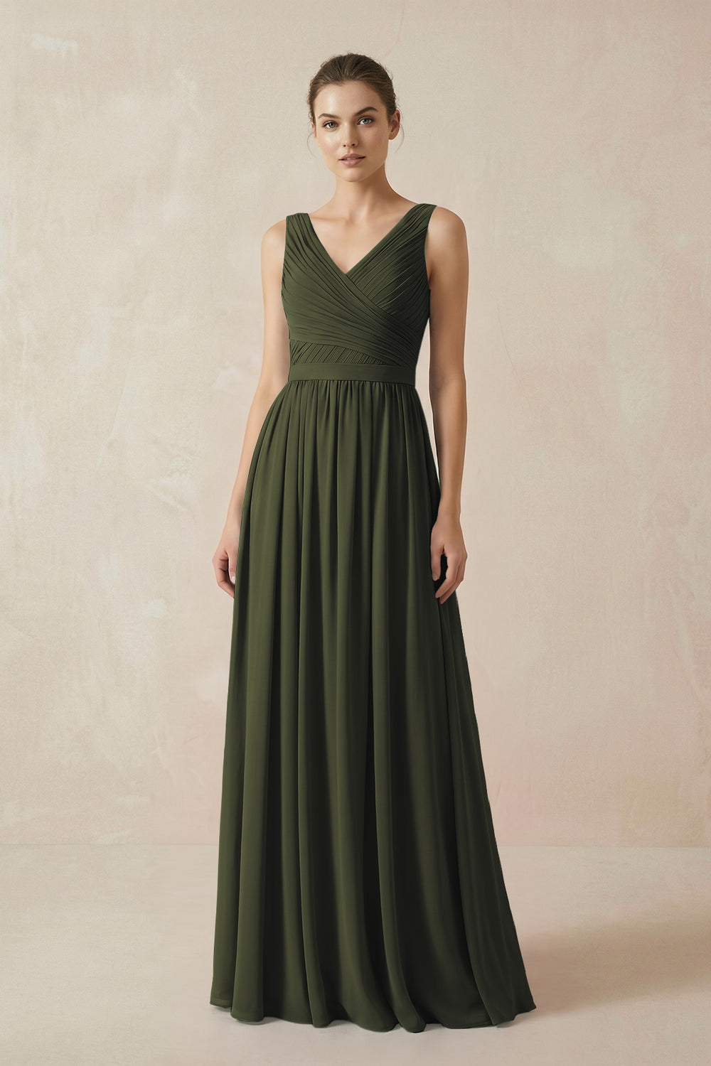 A-Line V-Neck Pleated Chiffon Bridesmaid Dress in Olive