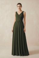 Olive A-Line V-Neck Pleated Chiffon Bridesmaid Dress | KISSBRIDAL