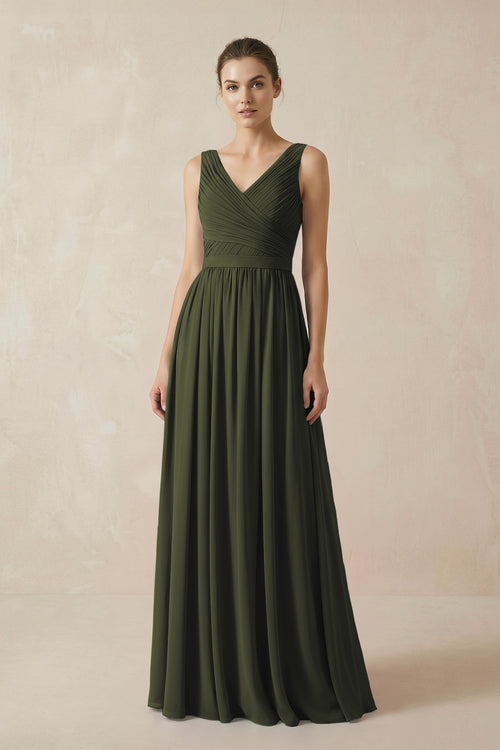Olive A-Line V-Neck Pleated Chiffon Bridesmaid Dress | KISSBRIDAL