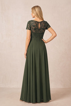 Olive Boat Neck Chiffon A-Line Embroidered Mother of the Bride Dress with Sleeves (2) | KISSBRIDAL