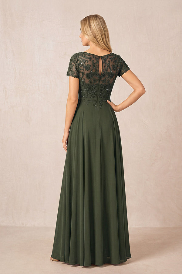Olive Boat Neck Chiffon A-Line Embroidered Mother of the Bride Dress with Sleeves (2) | KISSBRIDAL