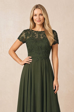 Olive Boat Neck Chiffon A-Line Embroidered Mother of the Bride Dress with Sleeves (3) | KISSBRIDAL