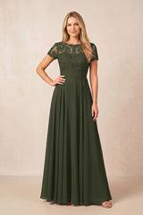 Olive Boat Neck Chiffon A-Line Embroidered Mother of the Bride Dress with Sleeves | KISSBRIDAL