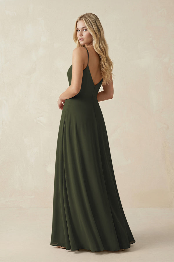 Olive Cami Strap A-Line Chiffon Bridesmaid Dress with Slit (2) | KISSBRIDAL