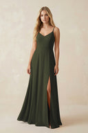 Olive Cami Strap A-Line Chiffon Bridesmaid Dress with Slit | KISSBRIDAL