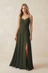 Olive Cami Strap A-Line Chiffon Bridesmaid Dress with Slit | KISSBRIDAL