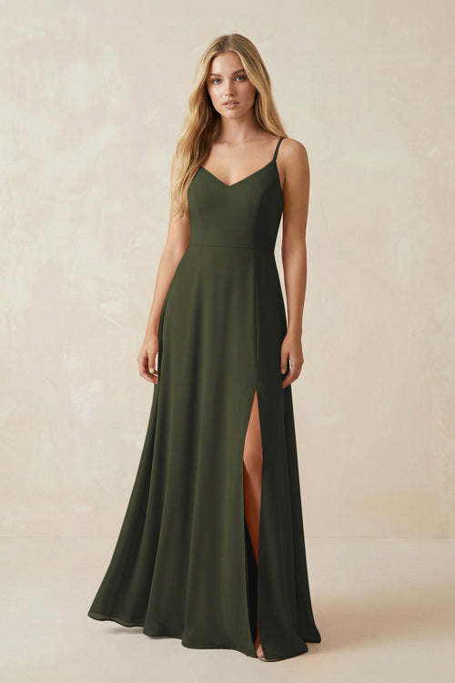 Olive Cami Strap A-Line Chiffon Bridesmaid Dress with Slit | KISSBRIDAL
