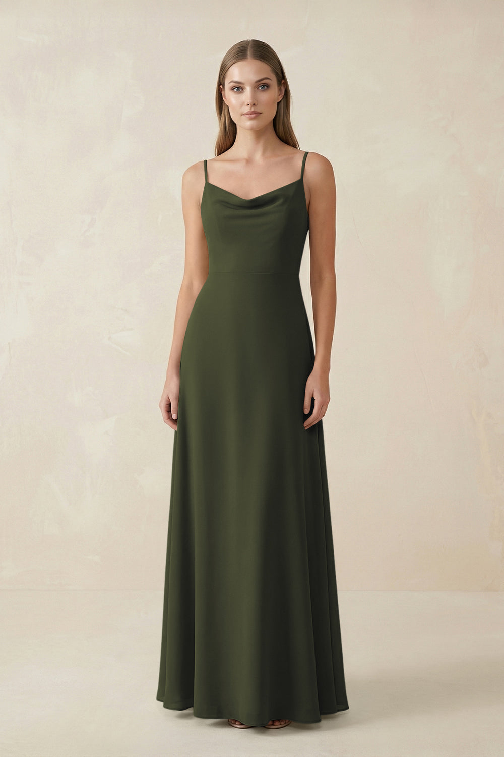 Cami Strap A-Line Chiffon Bridesmaid Dress in Olive