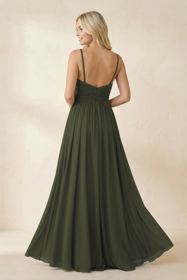 Olive Cami Strap Chiffon A-Line Bridesmaid Dress with Slit (2) | KISSBRIDAL