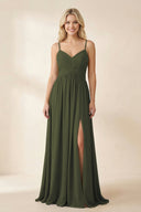 Olive Cami Strap Chiffon A-Line Bridesmaid Dress with Slit | KISSBRIDAL