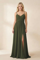 Olive Cami Strap Chiffon A-Line Bridesmaid Dress with Slit | KISSBRIDAL