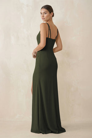 Olive Cami Strap Chiffon Sheath Bridesmaid Gown (2) | KISSBRIDAL