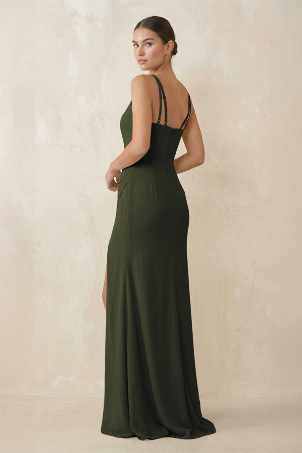Olive Cami Strap Chiffon Sheath Bridesmaid Gown (2) | KISSBRIDAL