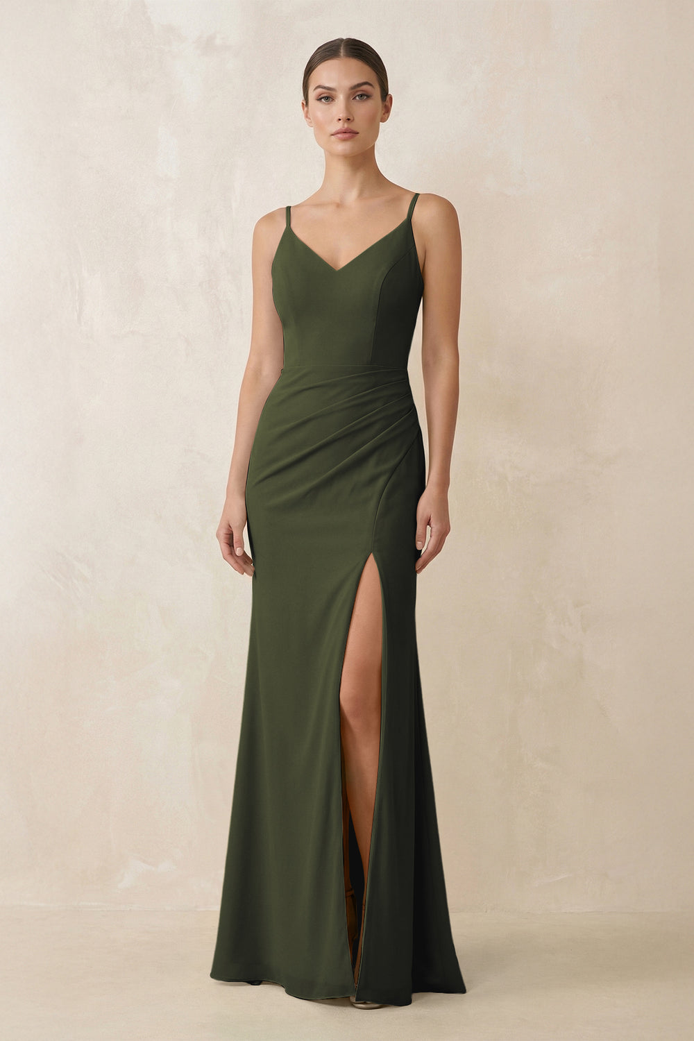 Cami Strap Chiffon Sheath Bridesmaid Gown in Olive