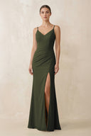 Olive Cami Strap Chiffon Sheath Bridesmaid Gown | KISSBRIDAL