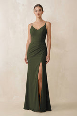 Olive Cami Strap Chiffon Sheath Bridesmaid Gown | KISSBRIDAL