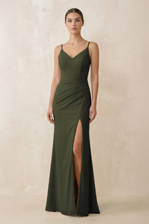 Olive Cami Strap Chiffon Sheath Bridesmaid Gown | KISSBRIDAL