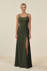 Olive Cami Strap Chiffon Sheath Bridesmaid Gown | KISSBRIDAL