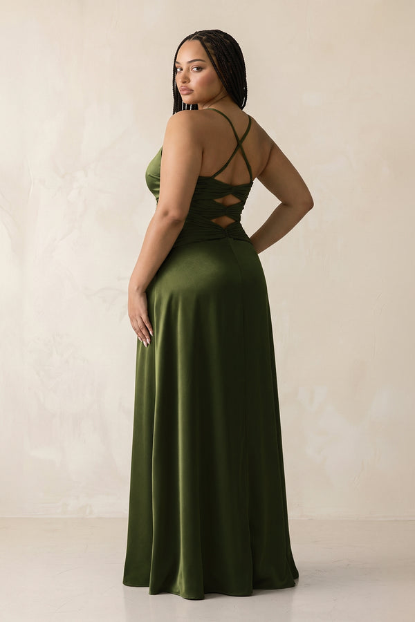 Olive Cami Strap Pleated Sheath Satin Bridesmaid Dress (2) | KISSPROM
