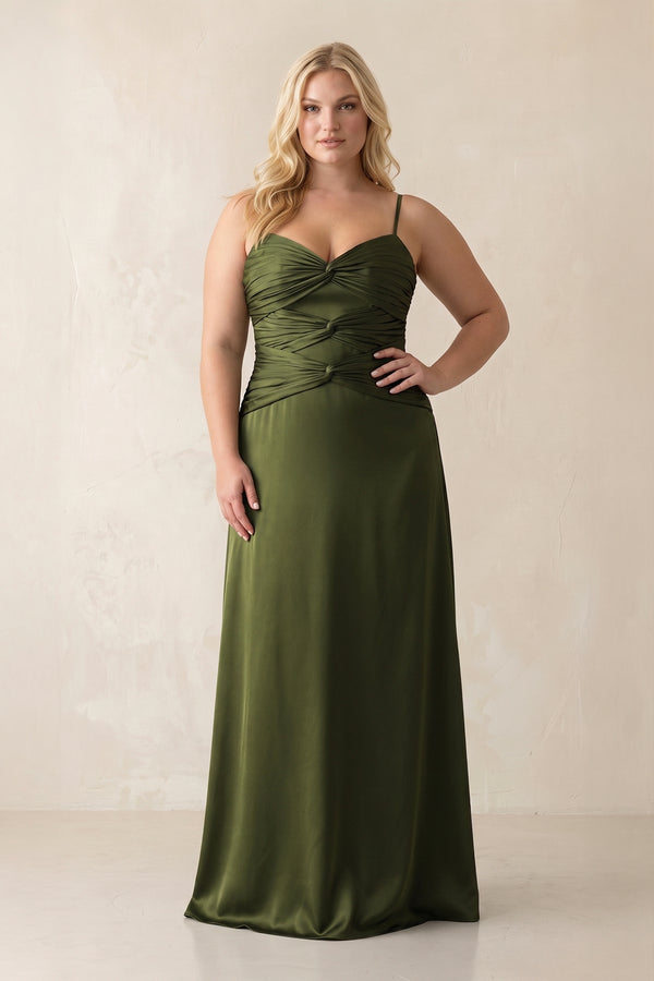 Olive Cami Strap Pleated Sheath Satin Bridesmaid Dress (3) | KISSPROM