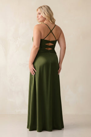 Olive Cami Strap Pleated Sheath Satin Bridesmaid Dress (4) | KISSPROM