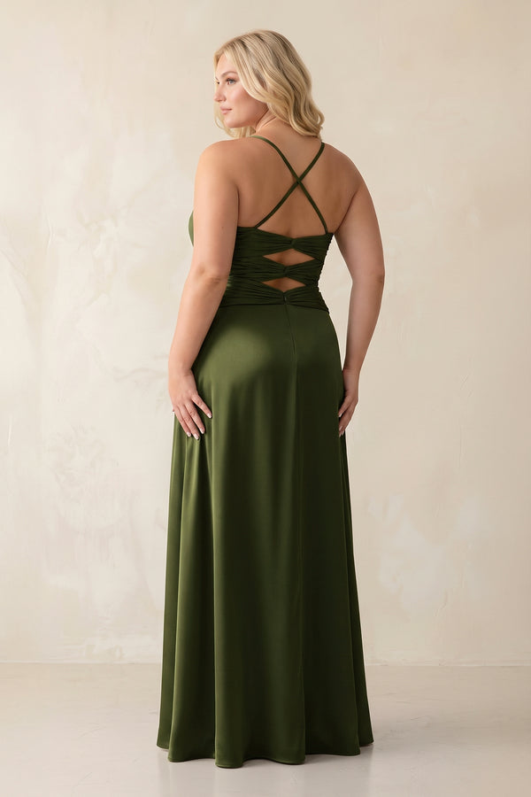 Olive Cami Strap Pleated Sheath Satin Bridesmaid Dress (4) | KISSPROM