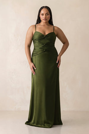 Olive Cami Strap Pleated Sheath Satin Bridesmaid Dress | KISSPROM