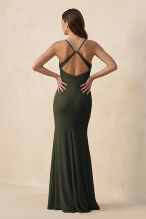 Olive Cami Strap Sheath Chiffon Bridesmaid Dress with Slit (2) | KISSBRIDAL