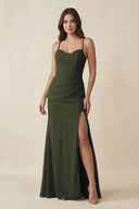 Olive Cami Strap Sheath Chiffon Bridesmaid Dress with Slit | KISSBRIDAL