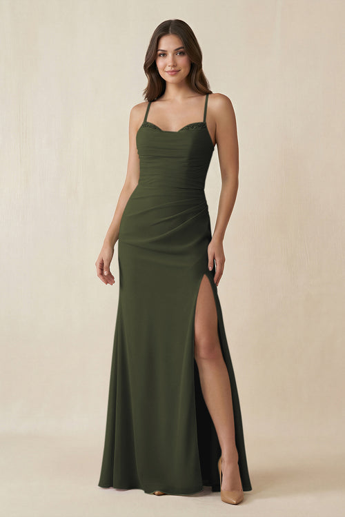 Olive Cami Strap Sheath Chiffon Bridesmaid Dress with Slit | KISSBRIDAL