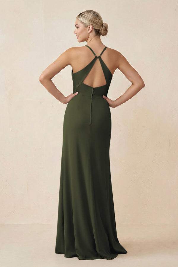 Olive Cami Strap Sheath Ruched Bridesmaid Dress With Slit (2) | KISSBRIDAL