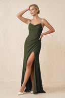 Olive Cami Strap Sheath Ruched Bridesmaid Dress With Slit | KISSBRIDAL