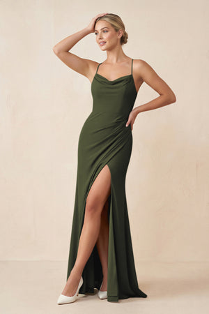 Olive Cami Strap Sheath Ruched Bridesmaid Dress With Slit | KISSBRIDAL