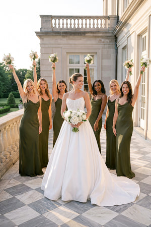 Olive Cami Strap Sheath Satin Bridesmaid Dress | KISSBRIDAL