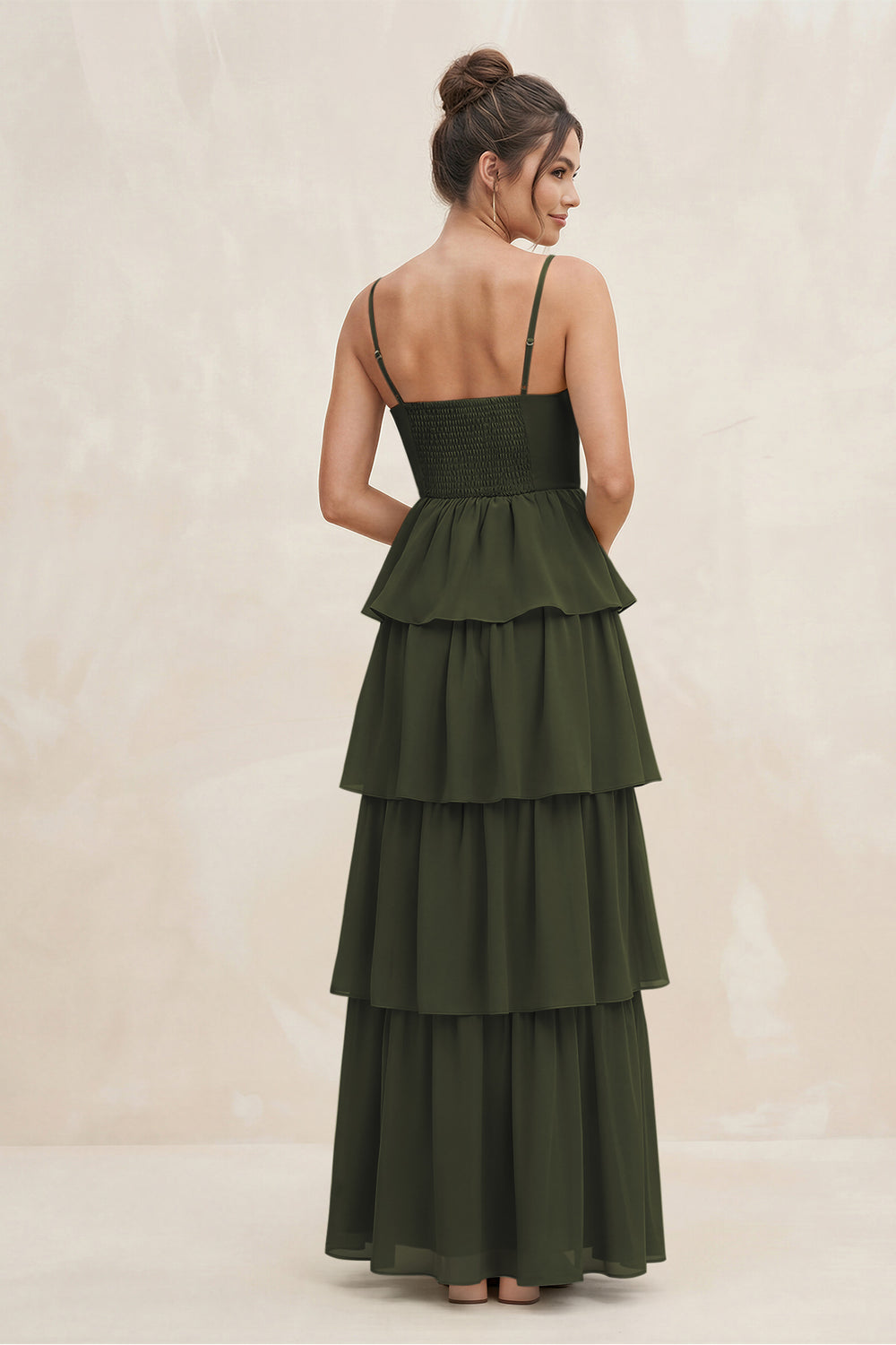 Cami Strap Tiered A-Line Chiffon Bridesmaid Dress in Olive