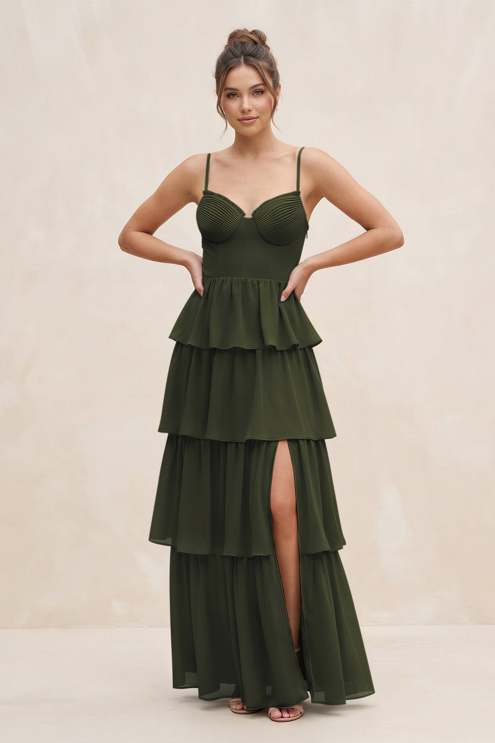 Cami Strap Tiered A-Line Chiffon Bridesmaid Dress in Olive