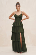 Olive Cami Strap Tiered A-Line Chiffon Bridesmaid Dress | KISSBRIDAL