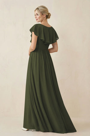 Olive Cap Sleeve A-Line Ruffled Chiffon Bridesmaid Dress (2) | KISSBRIDAL