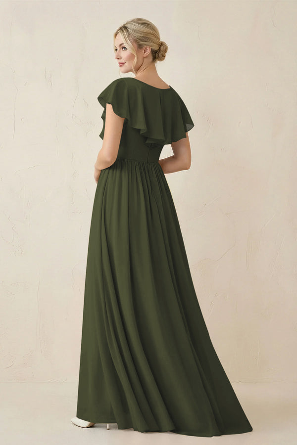 Olive Cap Sleeve A-Line Ruffled Chiffon Bridesmaid Dress (2) | KISSBRIDAL
