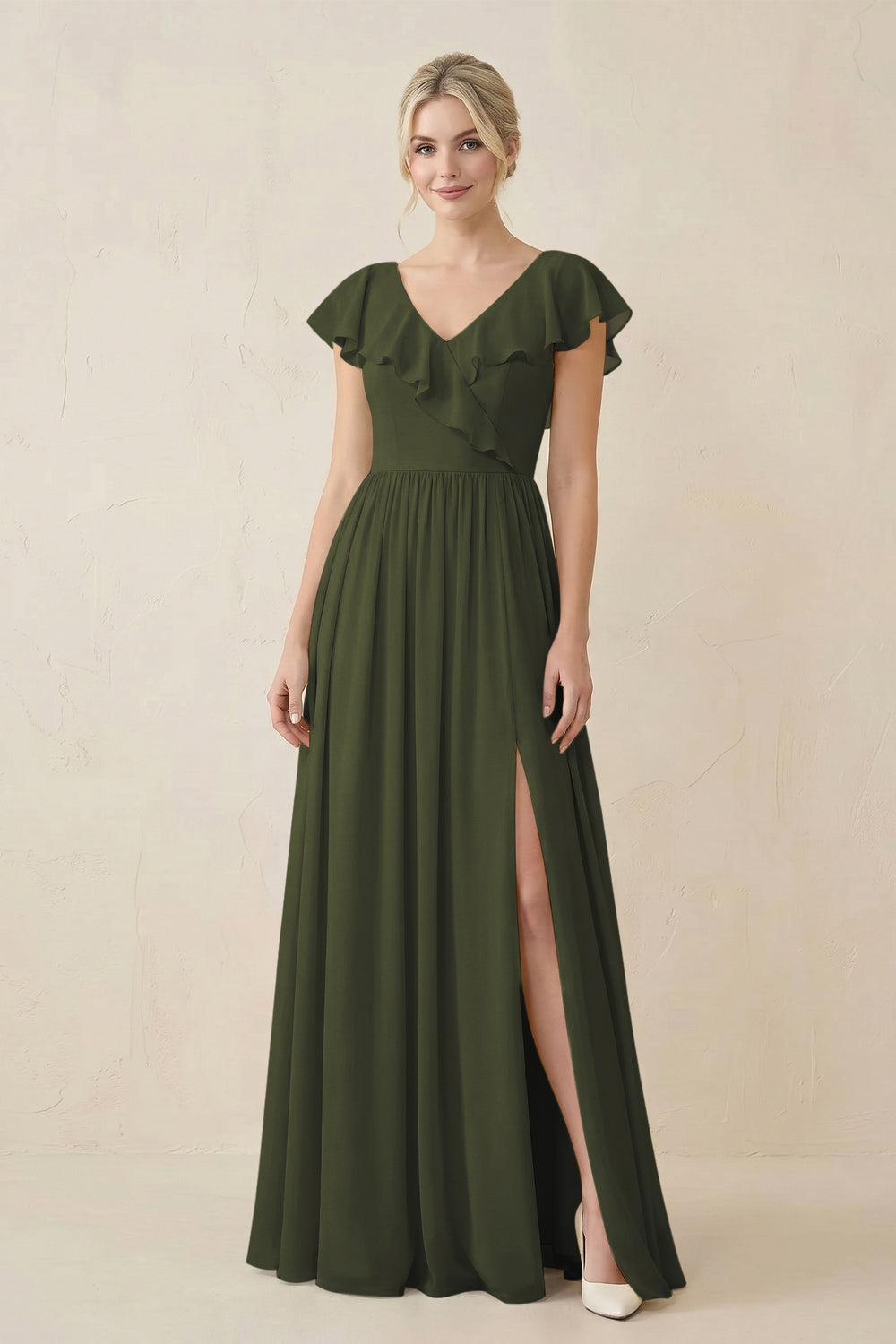 Cap Sleeve A-Line Ruffled Chiffon Bridesmaid Dress in Olive