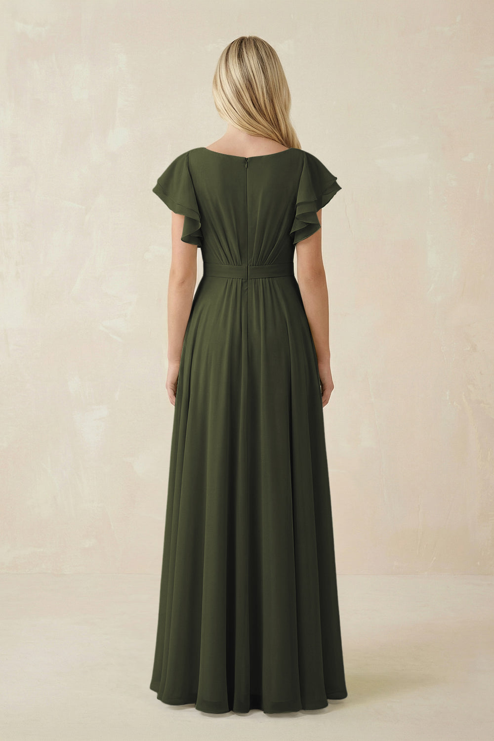 Cap Sleeve Ruffled A-Line Chiffon Bridesmaid Dress in Olive