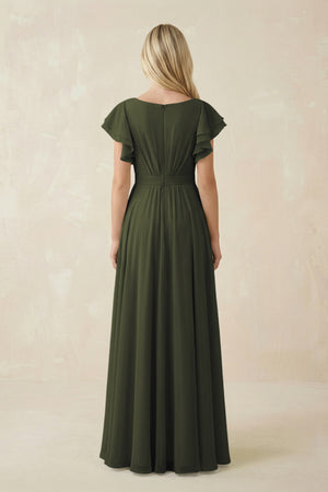 Olive Cap Sleeve Ruffled A-Line Chiffon Bridesmaid Dress (2) | KISSBRIDAL