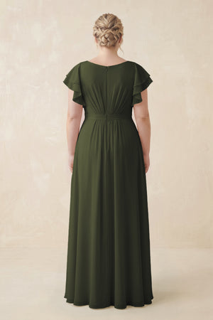 Olive Cap Sleeve Ruffled A-Line Chiffon Bridesmaid Dress (2) | KISSBRIDAL