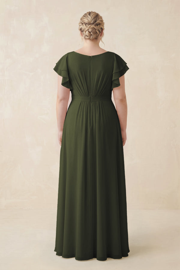 Olive Cap Sleeve Ruffled A-Line Chiffon Bridesmaid Dress (2) | KISSBRIDAL
